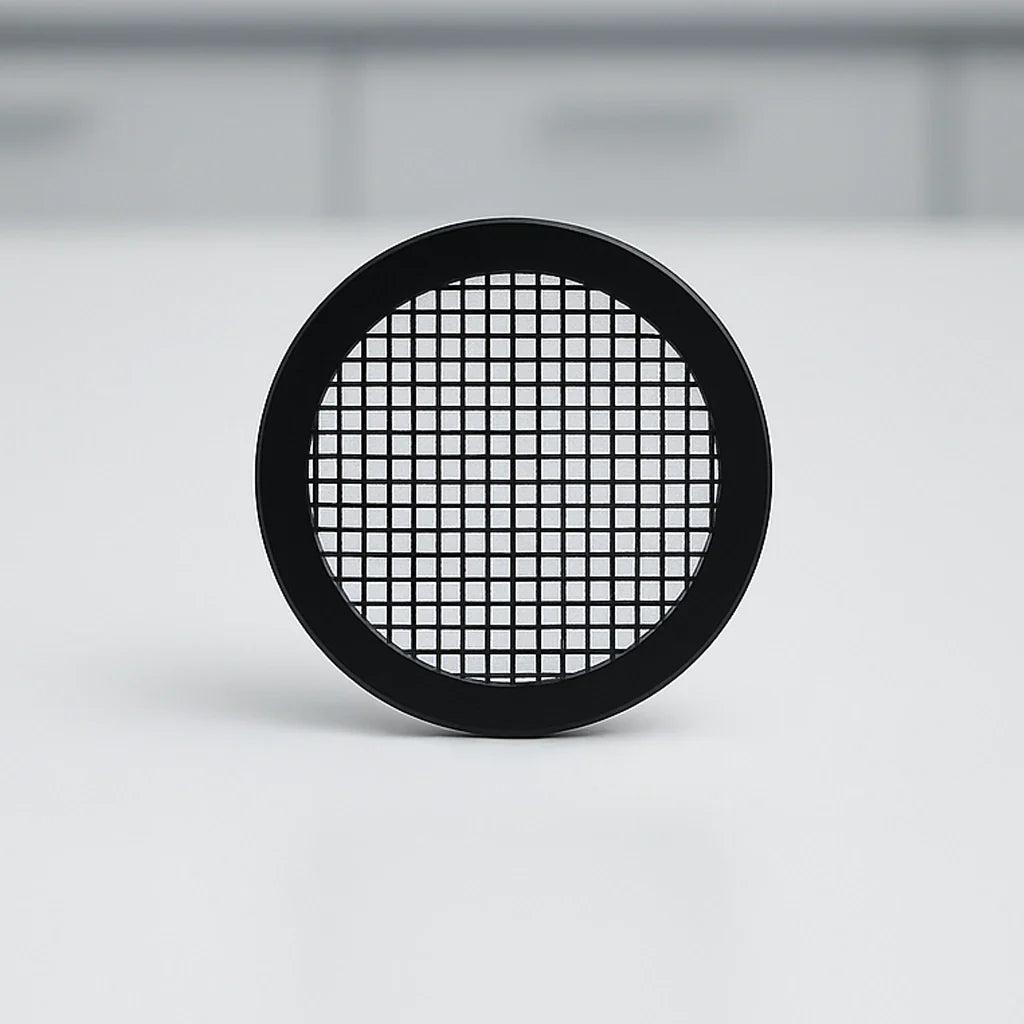 High quality product photoshoot of thin grid patterns glowing with light, symbolizing electron transparency and support, professionally lit, lab setting background