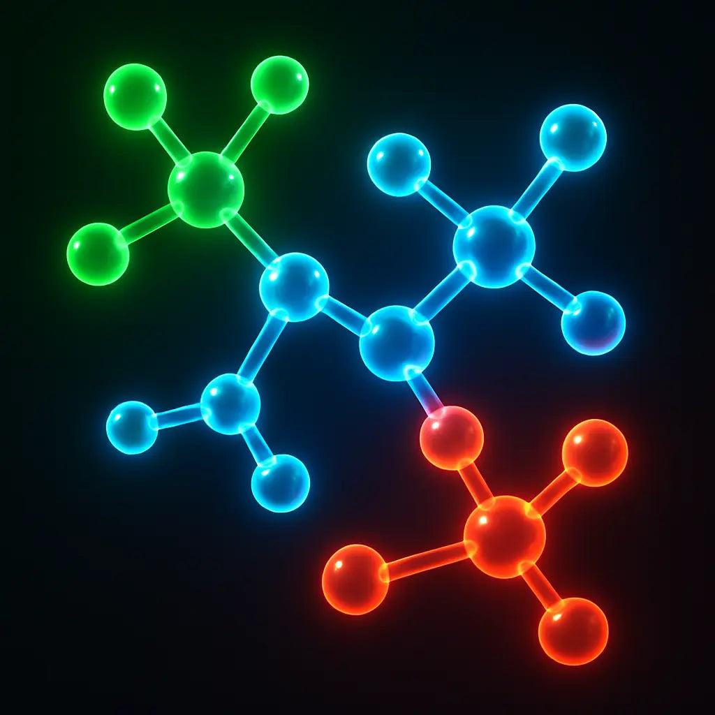 Abstract glowing polymer chains radiating neon light in multiple colors, futuristic scientific aesthetic with dark background