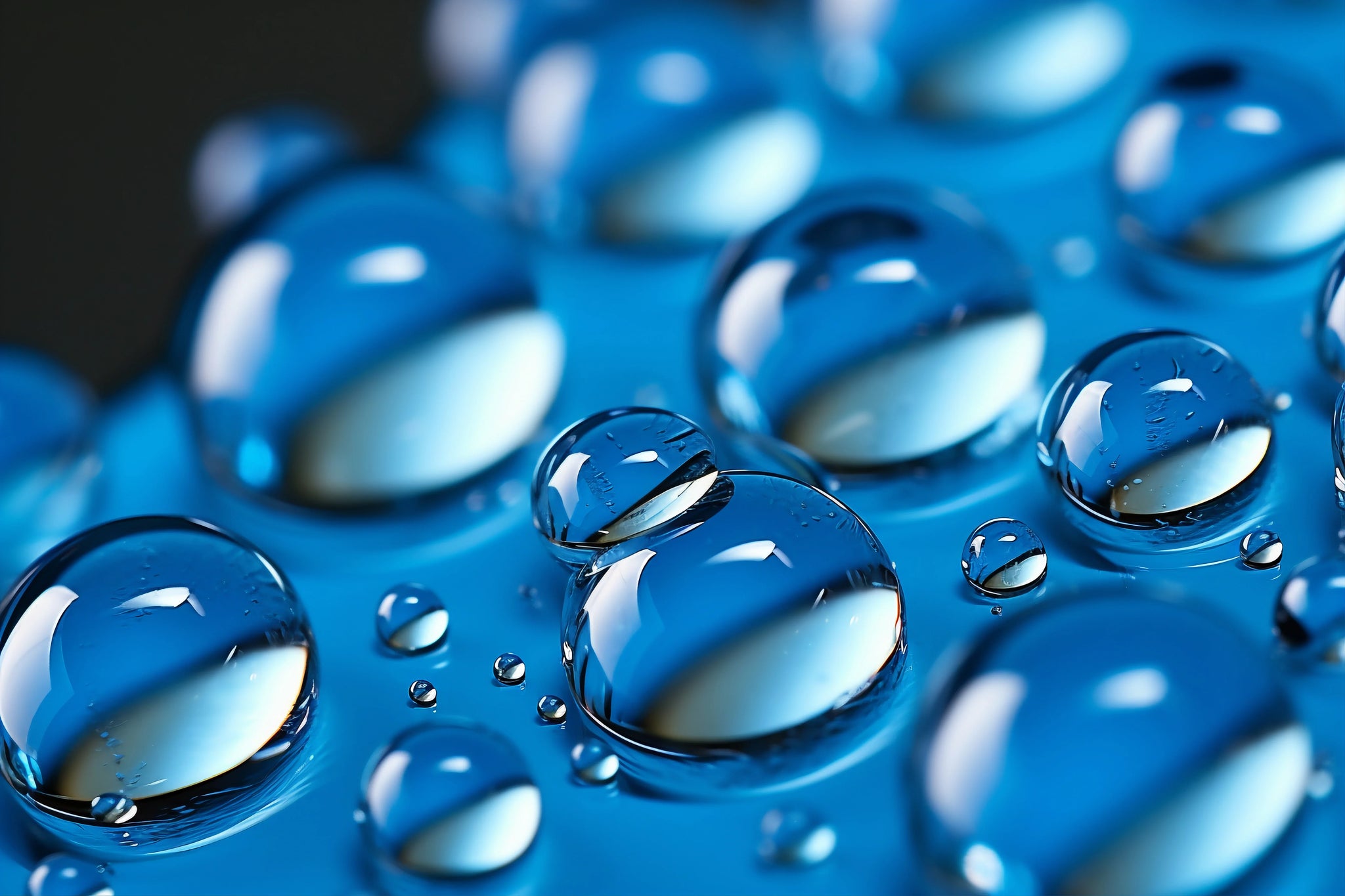 Close-up of water droplets on a blue surface illustrating water solubility
