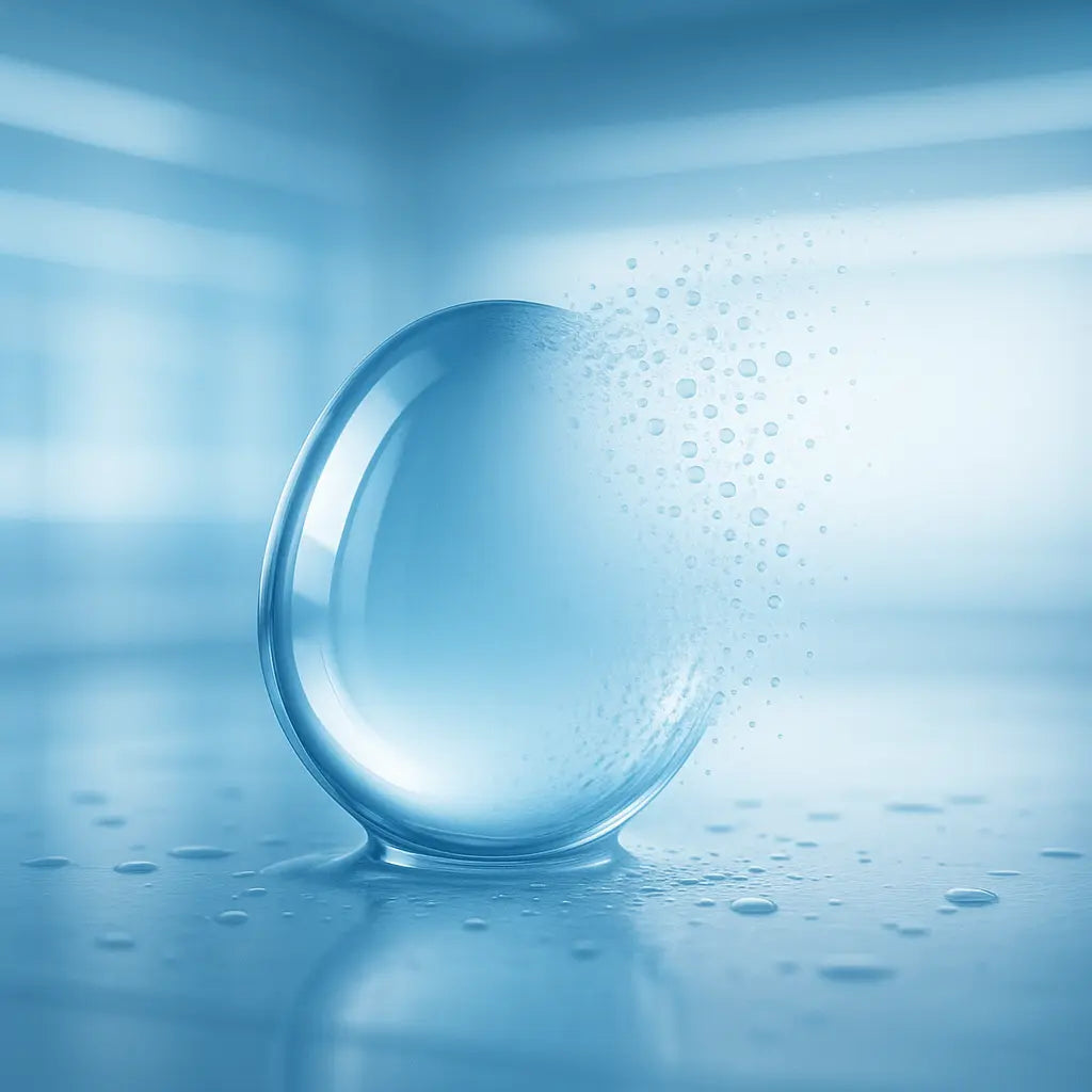 Abstract visualization of a droplet dissolving into transparency, symbolizing lipid removal and clearing, futuristic lab aesthetic with blue-white gradients