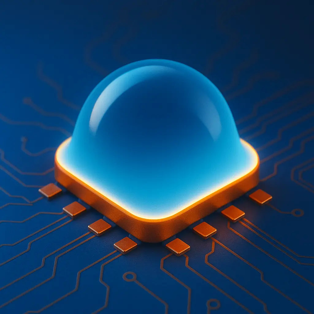 Abstract image of an electronic component covered by a smooth, glossy encapsulant dome, with glowing edges against a dark PCB background