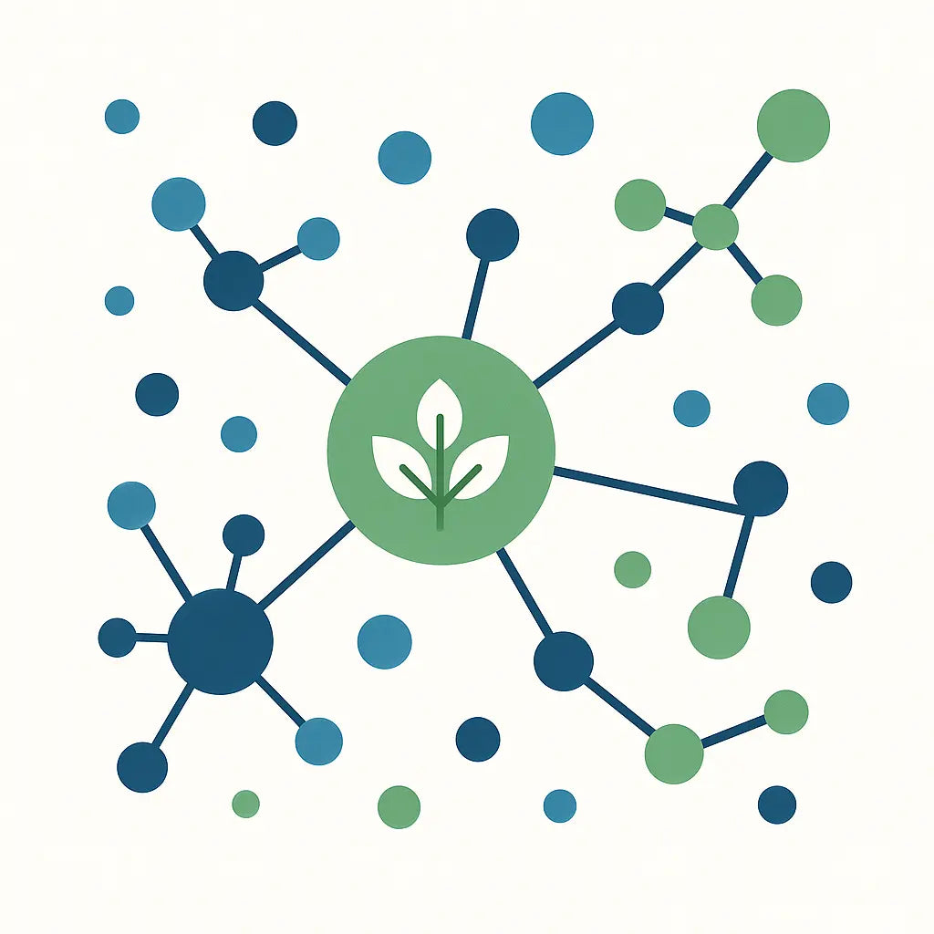 Vector-style illustration of molecules and chemical structures connected in a network, modern flat design, blue and green color palette, representing pesticide testing and analysis