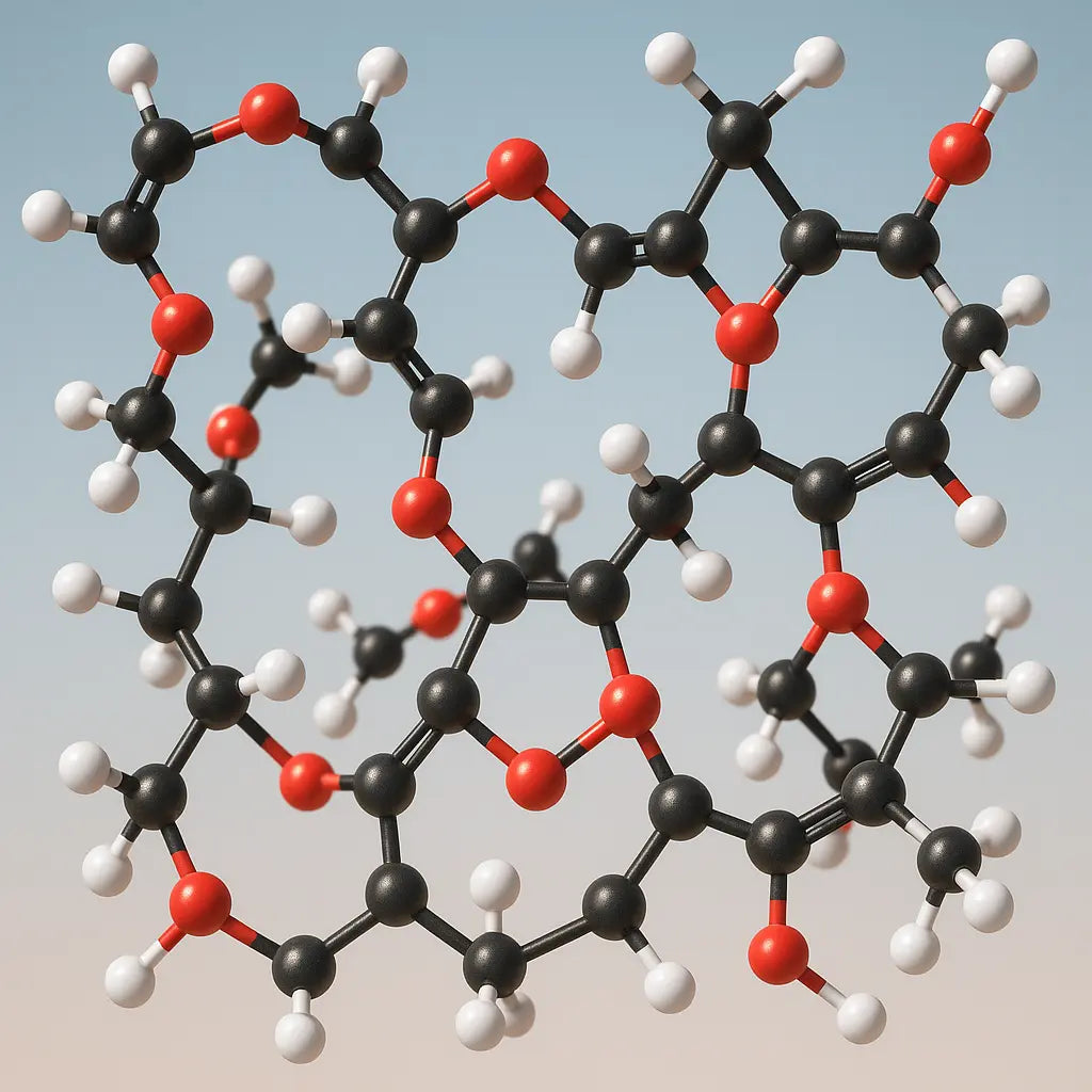 3D molecular render of acrylic monomer units forming crosslinked polymer networks, ball-and-stick model with carbon in black, oxygen in red, hydrogen in white, clean gradient background