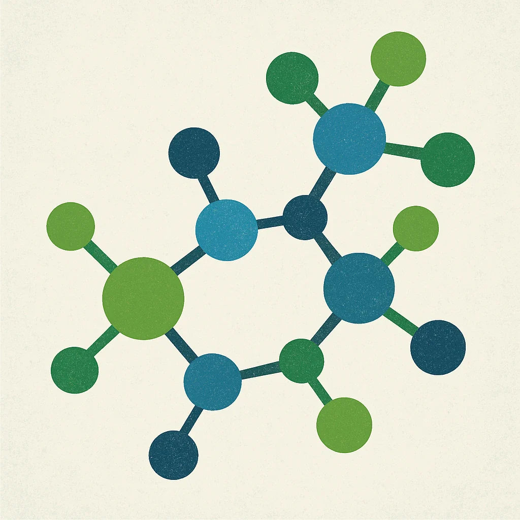 Stylized illustration of a molecular structure with interconnected blue and green spheres representing atoms and bonds on a light background