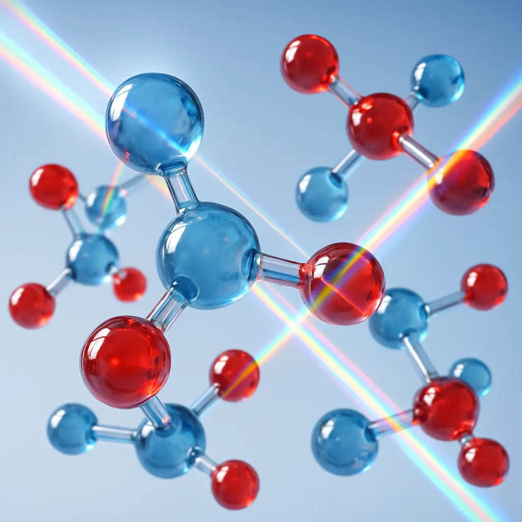 3D molecular render of monomers interacting with beams of light refracting at different angles, clean blue-white background