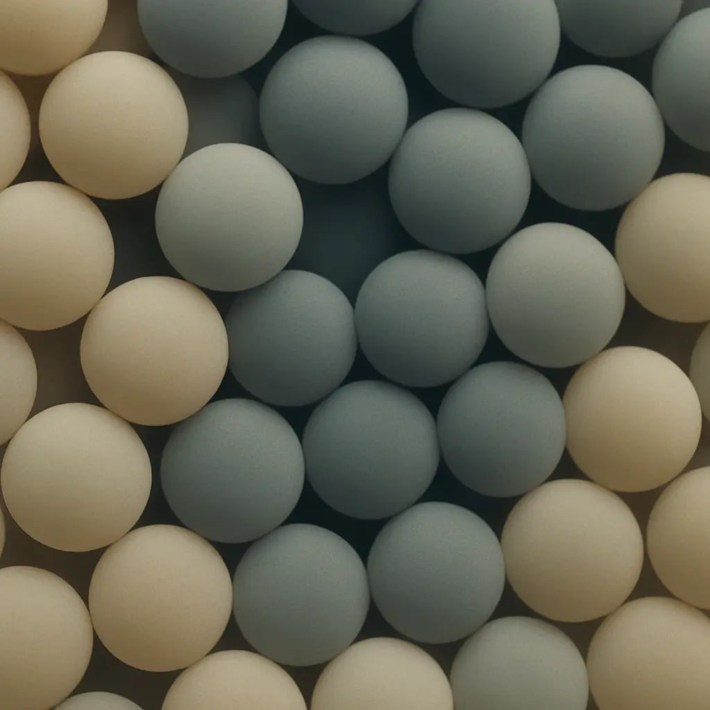 Abstract pattern of microbeads densely packed, overlapping shadows, muted tones, suggesting texture and hydrophilic surface chemistry interplay