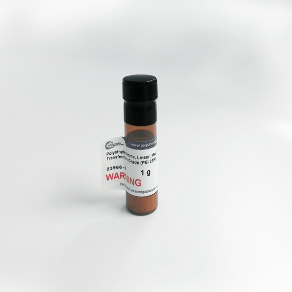 Product vial of Polyethylenimine, Linear, MW 25,000, Transfection Grade (PEI 25K™), used for high-efficiency gene transfection in molecular biology and biotechnology applications.