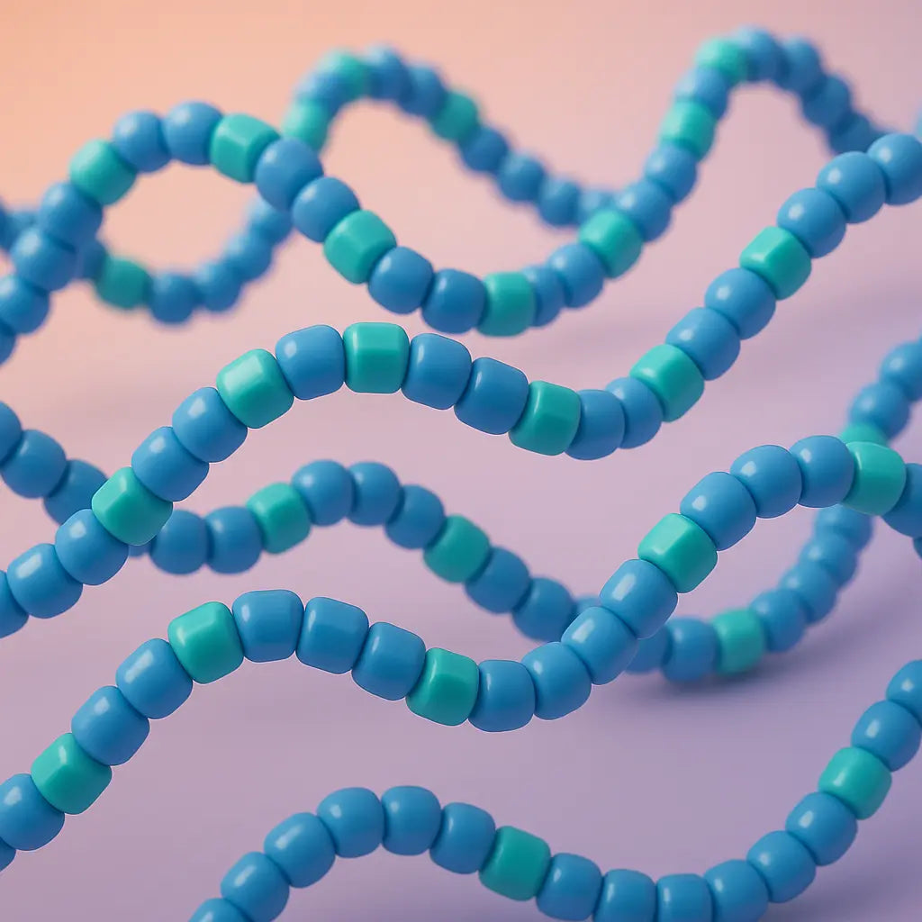 3D render of polymer chains with distinct colored segments (blue and teal blocks) joined together, representing block copolymer structure, soft gradient background