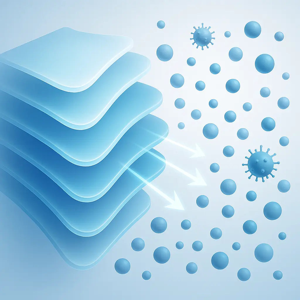 Abstract polymer layers forming a protective barrier against particles or gases, futuristic biotech aesthetic with blue-white gradients