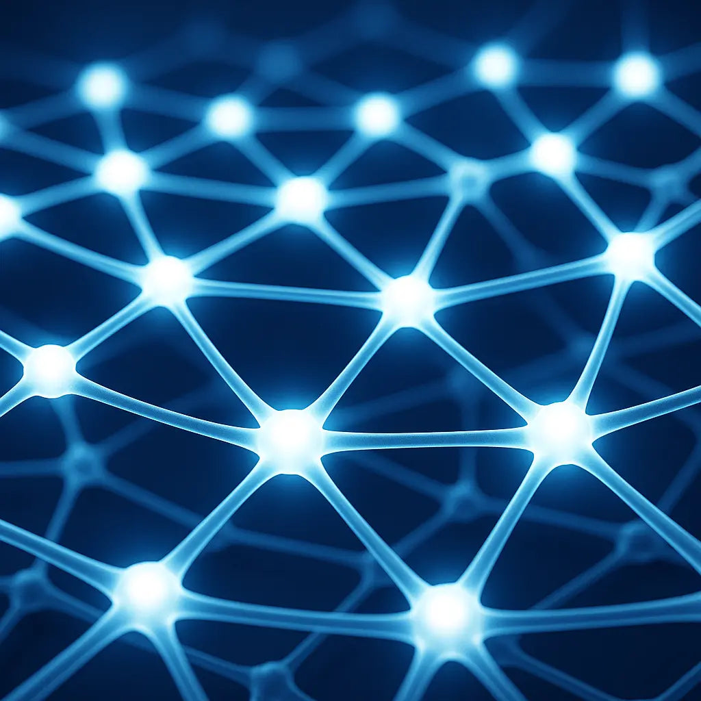 3D render of a polymer network with bright reactive nodes forming a strong cross-linked structure, futuristic scientific visualization with blue-white gradients