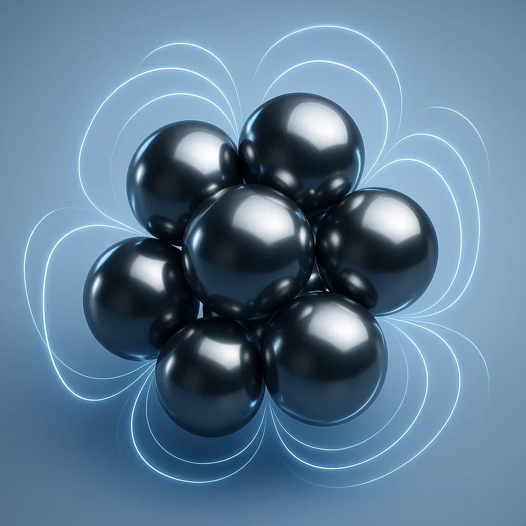 3D render of spherical magnetic microspheres with metallic reflections, clustered together with glowing magnetic field lines around them, clean gradient background