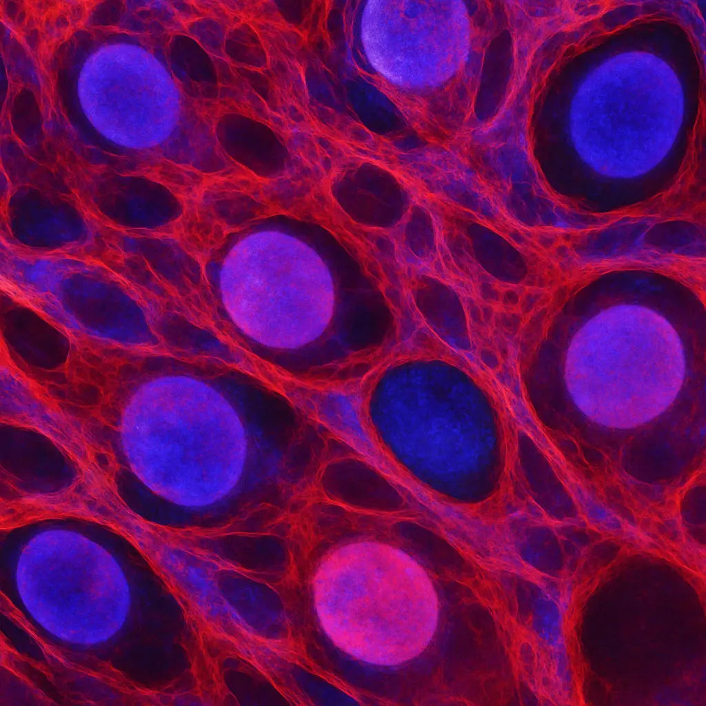 Abstract texture of stained cell membranes and nuclei: vibrant purples, reds, and blues blending in organic pattern