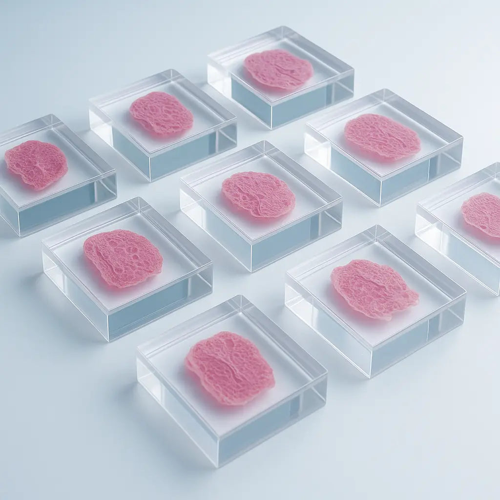 3D render of tissue samples embedded in clear blocks of medium, with molds arranged neatly on a laboratory surface, soft lighting, clean scientific visualization