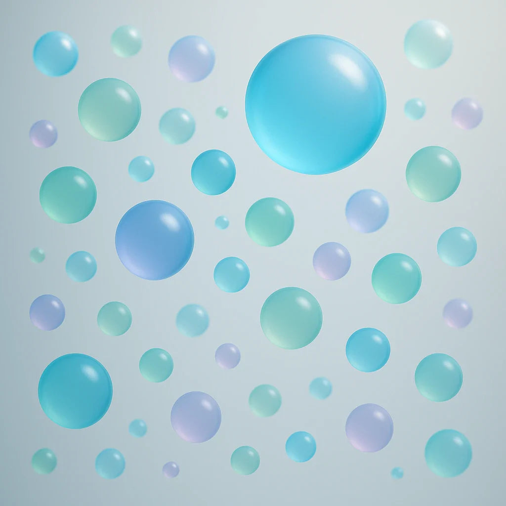 3D render of uniform microspheres in varied sizes and colors floating in space, semi-transparent with soft reflections, clean gradient background, professional scientific visualization