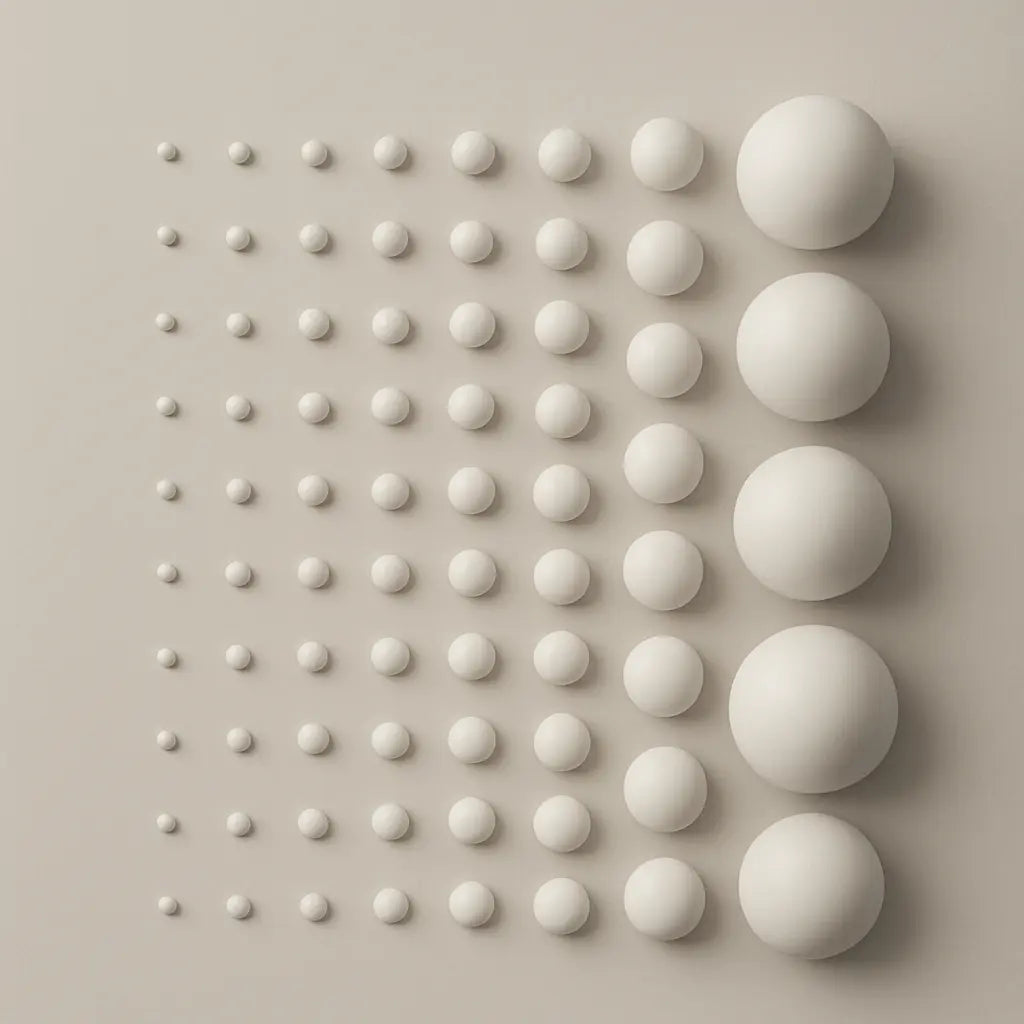 3D render of uniformly sized microspheres in varying precise diameters, arranged in a clean grid on a neutral background