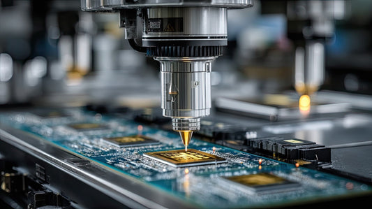 Close-up of a precision industrial tool placing or processing a chip on a printed circuit board.