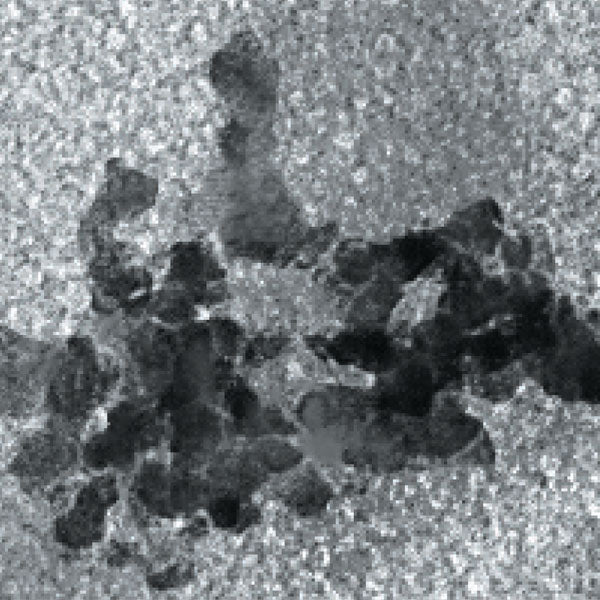 Transmission electron microscopy (TEM) image of BioMag® Dextran-coated Charcoal showing clustered black particulate structures against a textured gray background