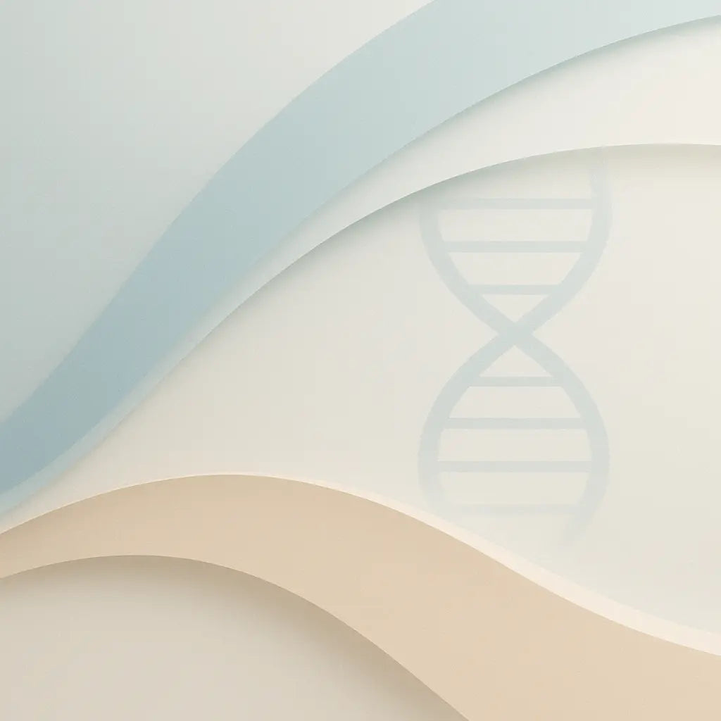 Abstract DNA helix silhouette faintly visible behind layered arcs, muted and minimalist, connecting ionizable lipids to nucleic acid delivery