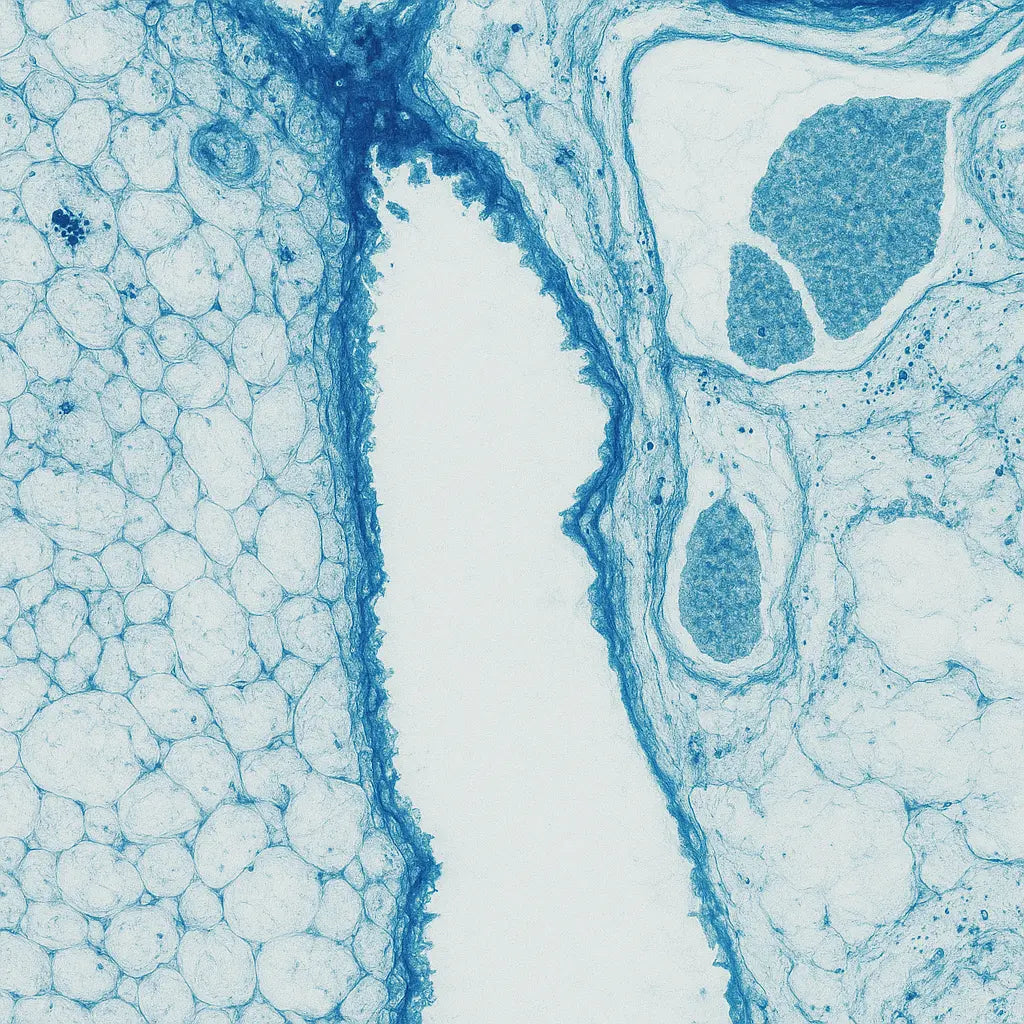 High-magnification microscopic image showing stained biological tissue. The left side displays round adipose cells, while the right side features dense oval structures, all separated by a central white fissure bordered with dark blue staining