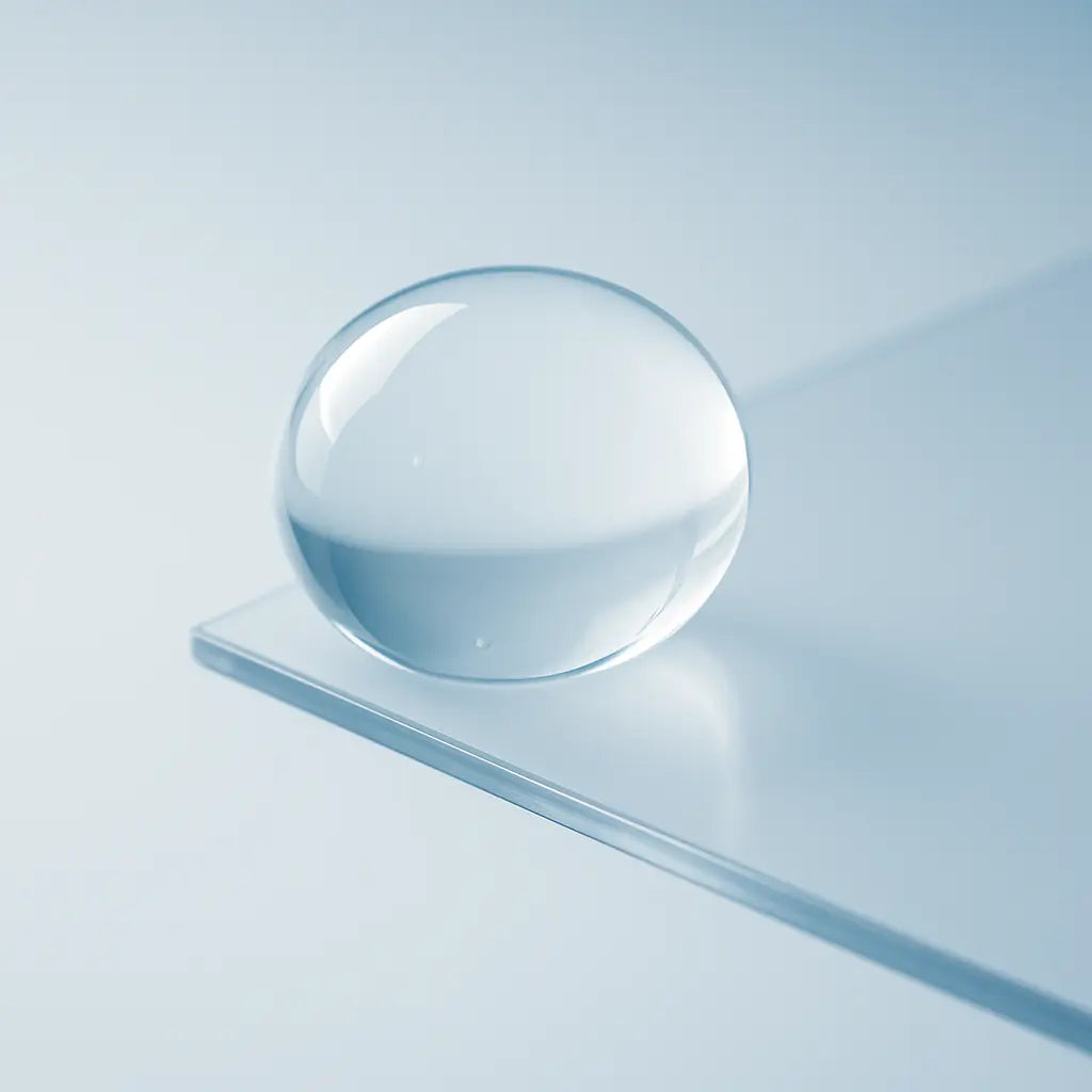 Macro view of a clear liquid droplet on an acrylic sheet surface, soft blue-white gradient background, minimal and modern aesthetic