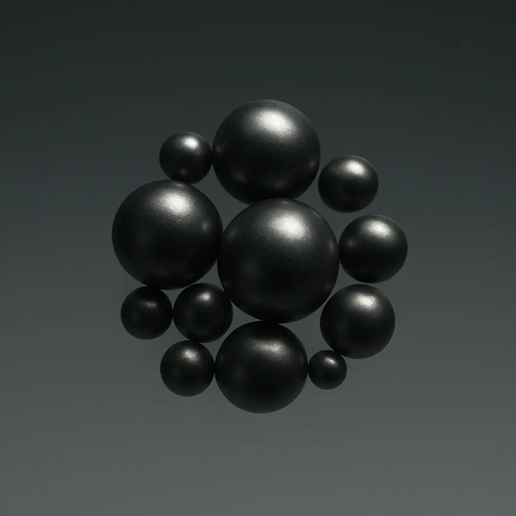 Cluster of dark metallic spheres floating in a gradient background, suggesting magnetism and particle clusters