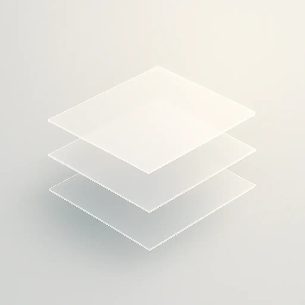 Minimal design of floating layered panels, semi-transparent, hovering in air to symbolize lightness