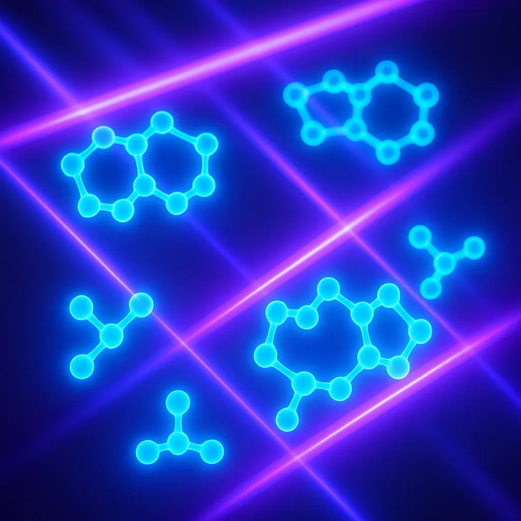 Abstract glowing molecules linking together under beams of ultraviolet light, futuristic biotech aesthetic with bright blue and purple accents