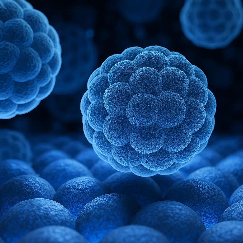 Microscopic 3D rendering of clustered blue cells symbolizing Cell Viability Dyes used in live and dead cell staining for research and diagnostics