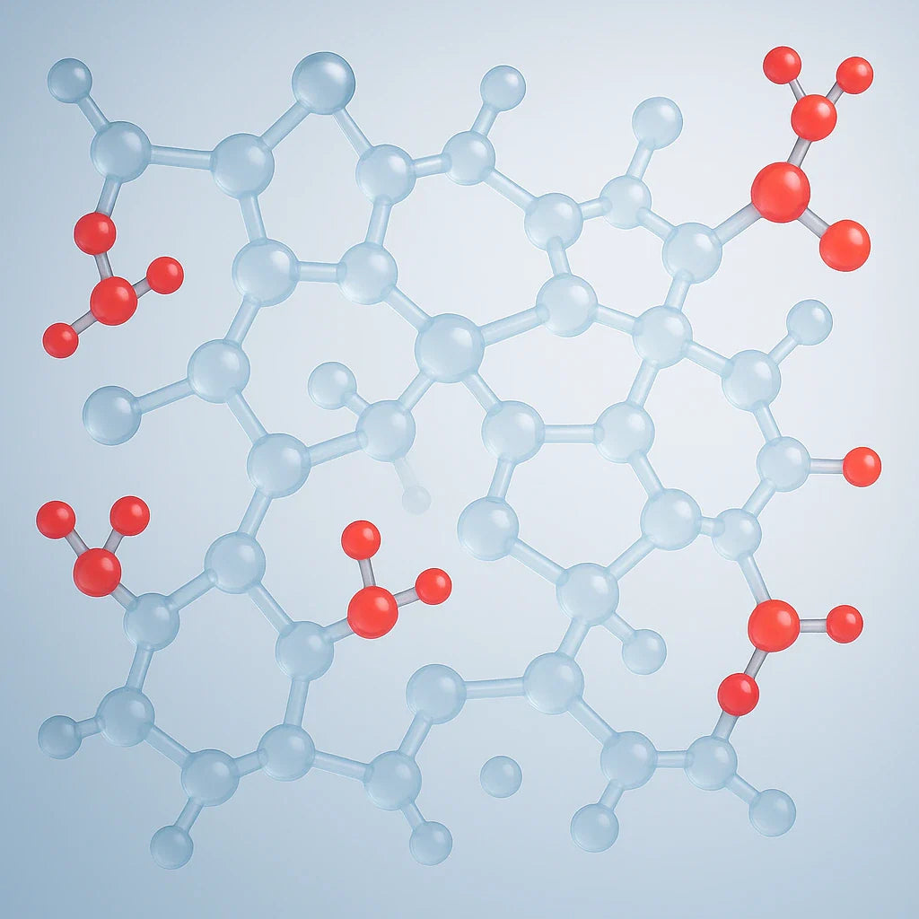 3D render of polymer chains with acid functional groups as red points, semi-transparent spheres-and-sticks model on a soft gradient background