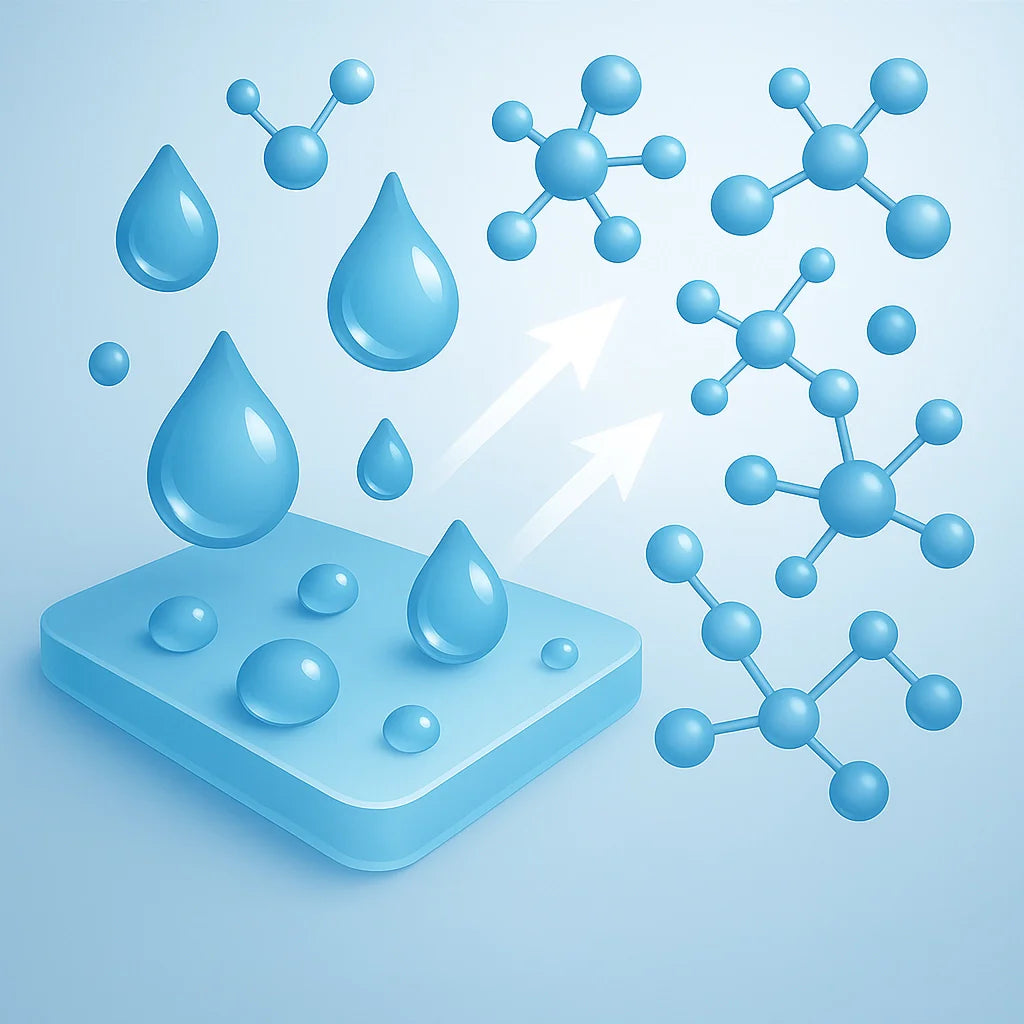 Abstract visualization of a protective fluorinated surface repelling water droplets and chemicals, molecular film aesthetic with blue-white gradients