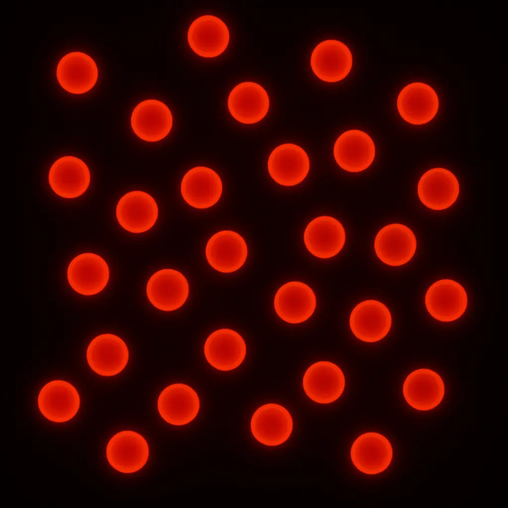 Suspension of 1 µm red fluorescent microspheres glowing under appropriate excitation filter, dark background to show emission brilliance