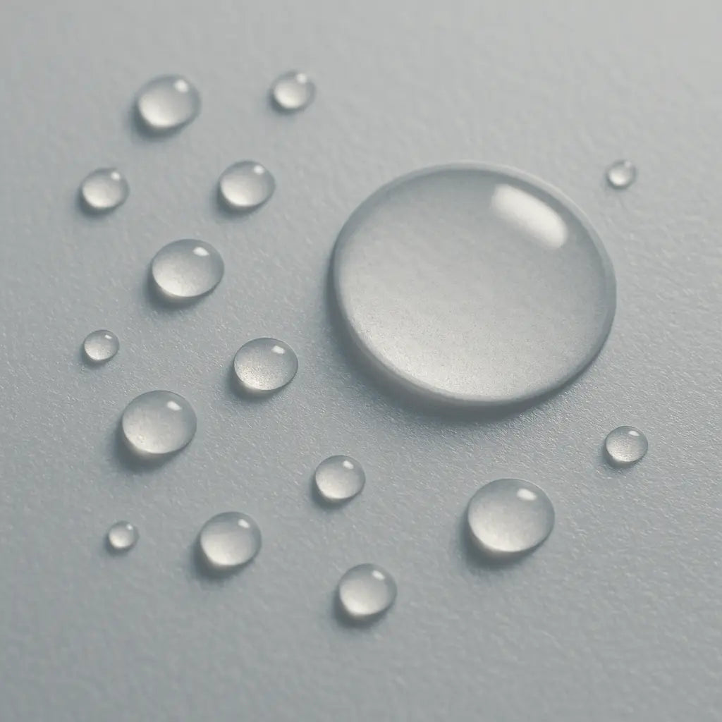 Close-up of a coated surface with slight gloss and water beads, subtle texture showing adhesion and hydrophilicity