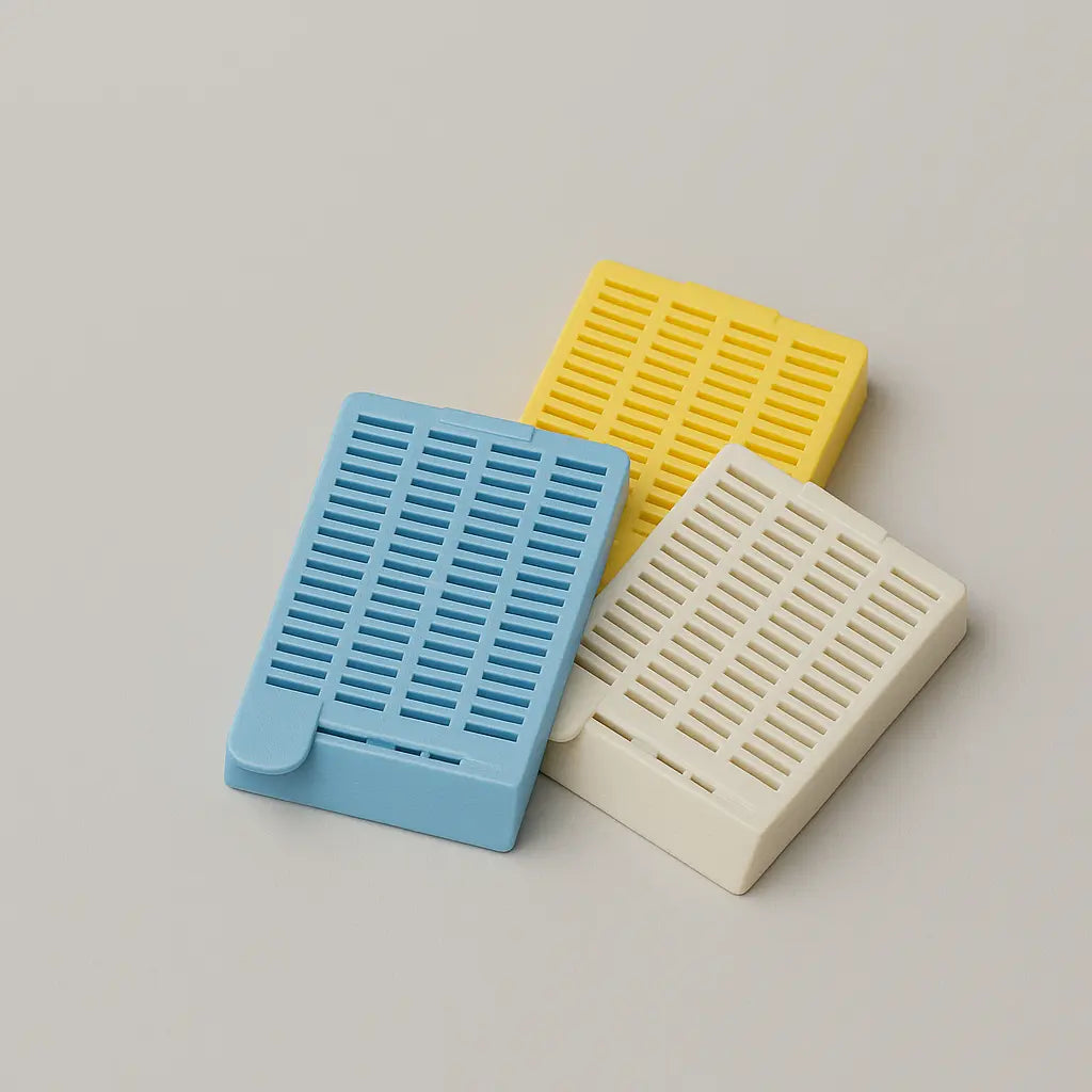 Multiple tissue cassettes in various colors (blue, pink, yellow, white) stacked or fanned out against a soft gray or lab-clean background
