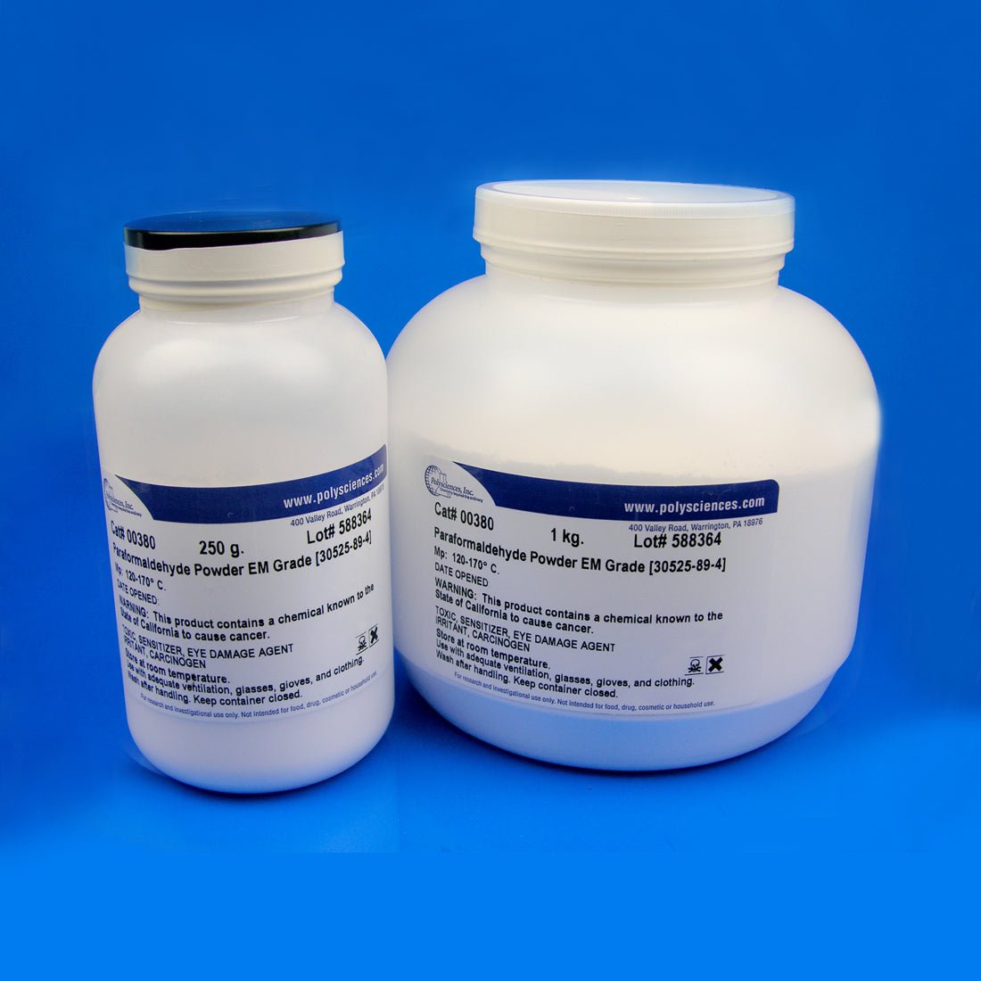 Polysciences Paraformaldehyde Powder EM Grade (CAT# 00380, CAS# 30525-89-4) laboratory chemical bottles, available in 250 g and 1 kg sizes for electron microscopy and research applications